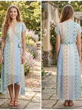 Blue Rain Patchwork Floral Midi Wrap Dress Size M Blue Green Cottagecore Boho